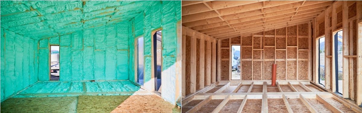 photo collage before and after thermal insulation room in wooden frame house.